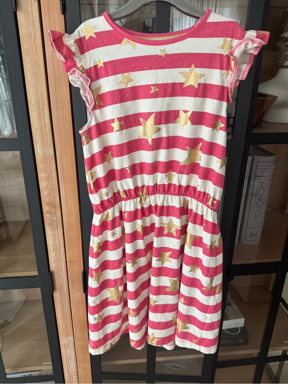 Mini Boden stars & stripes dress ruffle short sleeve metallic coral girls print